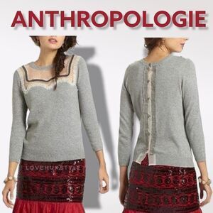 ANTHROPOLOGIE Field Flower Wool Cashmere Sheer Inset Button Back Sweater…